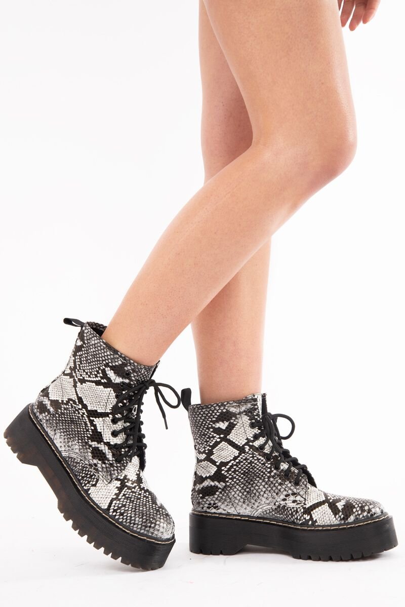 Black and White Snake Faux Leather Platform Chunky Ankle Boots - Miami-Boots