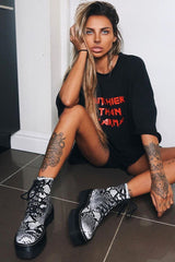 Black and White Snake Faux Leather Platform Chunky Ankle Boots - Miami-Boots