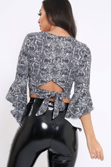 Black and White Snake Print Plunge Bell Sleeve Crop Top - Merla-Crop Tops