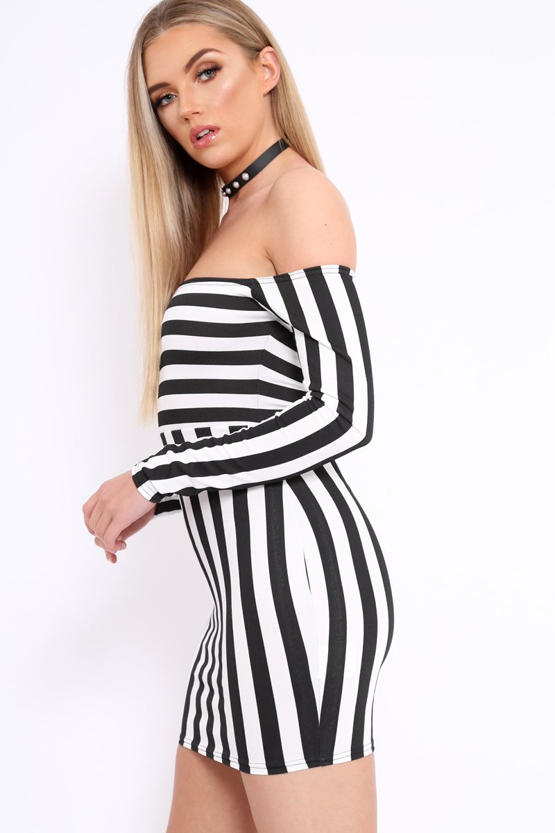 Black and White Stripe Bardot Bodycon Dress - Leidy-Dresses