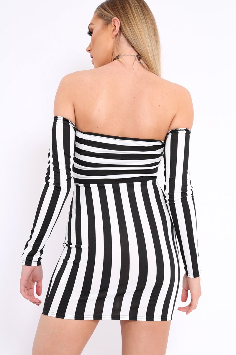 Black and White Stripe Bardot Bodycon Dress - Leidy-Dresses