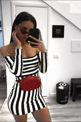 Black and White Stripe Bardot Bodycon Dress - Leidy-Dresses