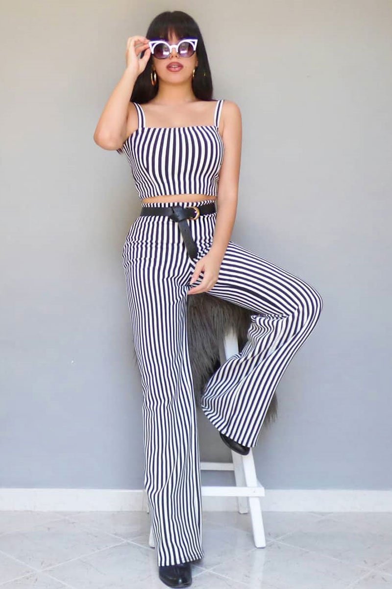 Black and White Stripe Crop Top and Trousers Co-ord Set - Kimmy-Co-ords