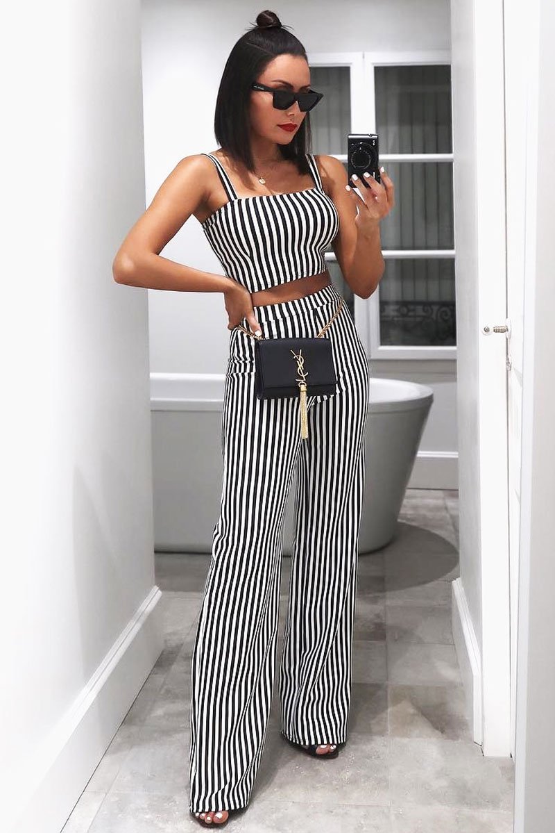 Black and White Stripe Crop Top and Trousers Co-ord Set - Kimmy-Co-ords