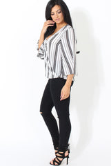 Black and White Stripe Cross over Front Detail Top- Tasha-Tops