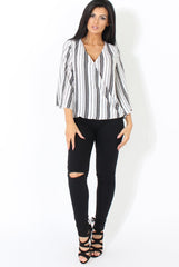 Black and White Stripe Cross over Front Detail Top- Tasha-Tops