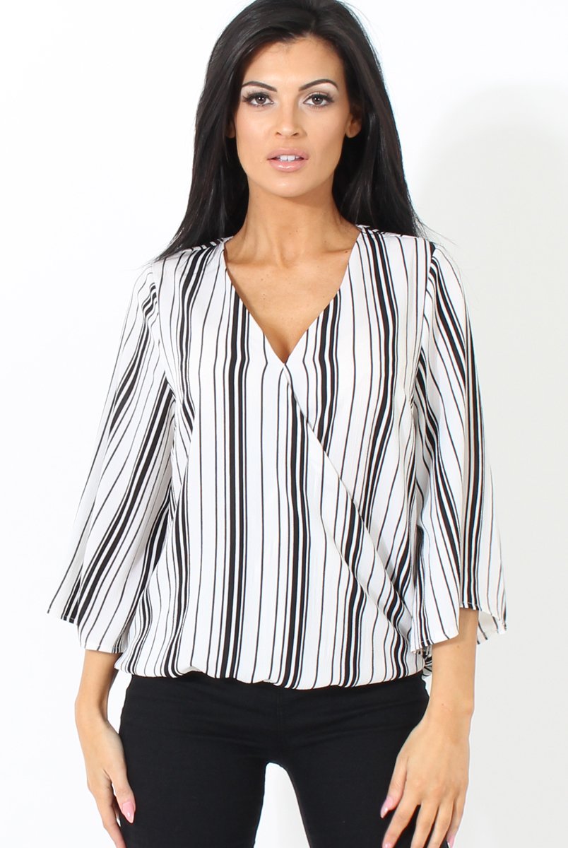 Black and White Stripe Cross over Front Detail Top- Tasha-Tops