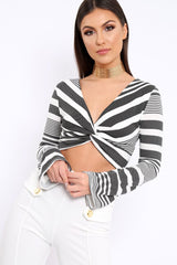 Black and White Stripe Knot Front Crop Top - Hayzl-Tops
