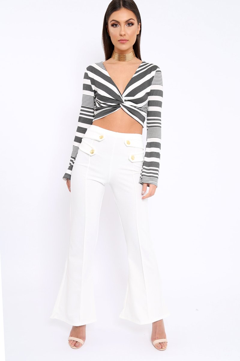 Black and White Stripe Knot Front Crop Top - Hayzl-Tops