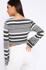 Black and White Stripe Knot Front Crop Top - Hayzl-Tops