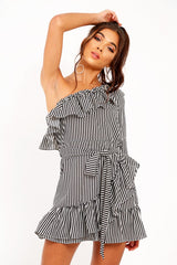 Black and White Stripe One Shoulder Frill Dress - Zyann-Dresses