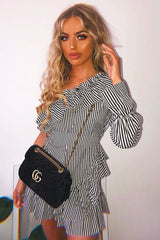 Black and White Stripe One Shoulder Frill Dress - Zyann-Dresses