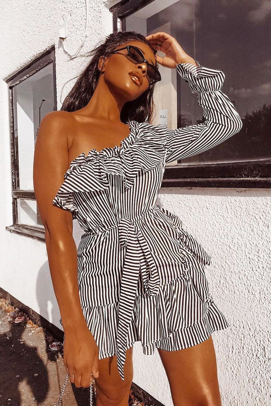 Black and White Stripe One Shoulder Frill Dress - Zyann