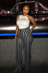 Black and White Stripe Paper Bag Tie Waist Wide Leg Trousers - Kennedy-Trousers