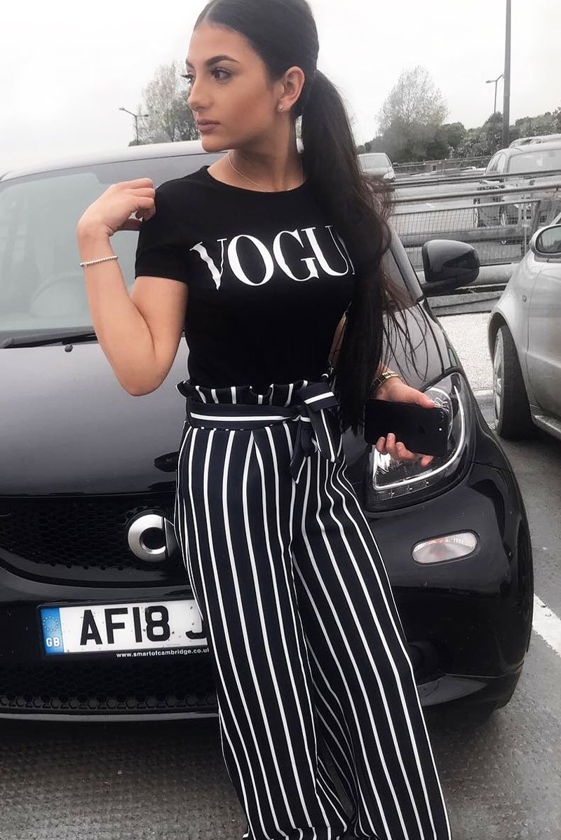 Black and White Stripe Paper Bag Tie Waist Wide Leg Trousers - Kennedy-Trousers