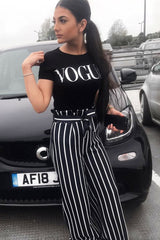 Black and White Stripe Paper Bag Tie Waist Wide Leg Trousers - Kennedy-Trousers