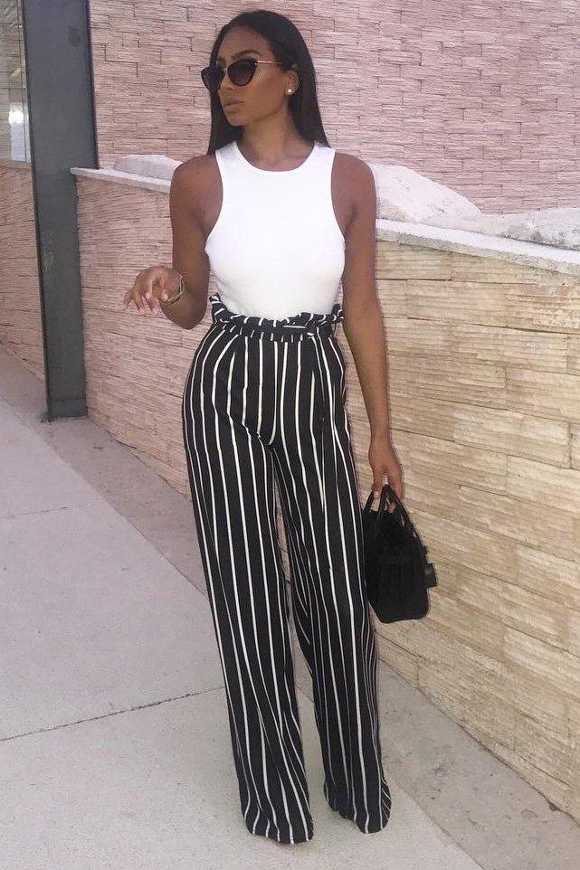 Black and White Stripe Paper Bag Tie Waist Wide Leg Trousers - Kennedy-Trousers