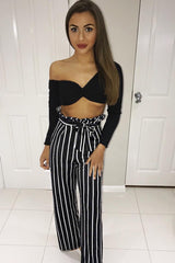 Black and White Stripe Paper Bag Tie Waist Wide Leg Trousers - Kennedy-Trousers