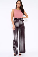 Black and White Stripe Paper Bag Tie Waist Wide Leg Trousers - Kennedy-Trousers