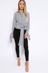 Black and White Stripe Tie Shirt - Jenica-Tops