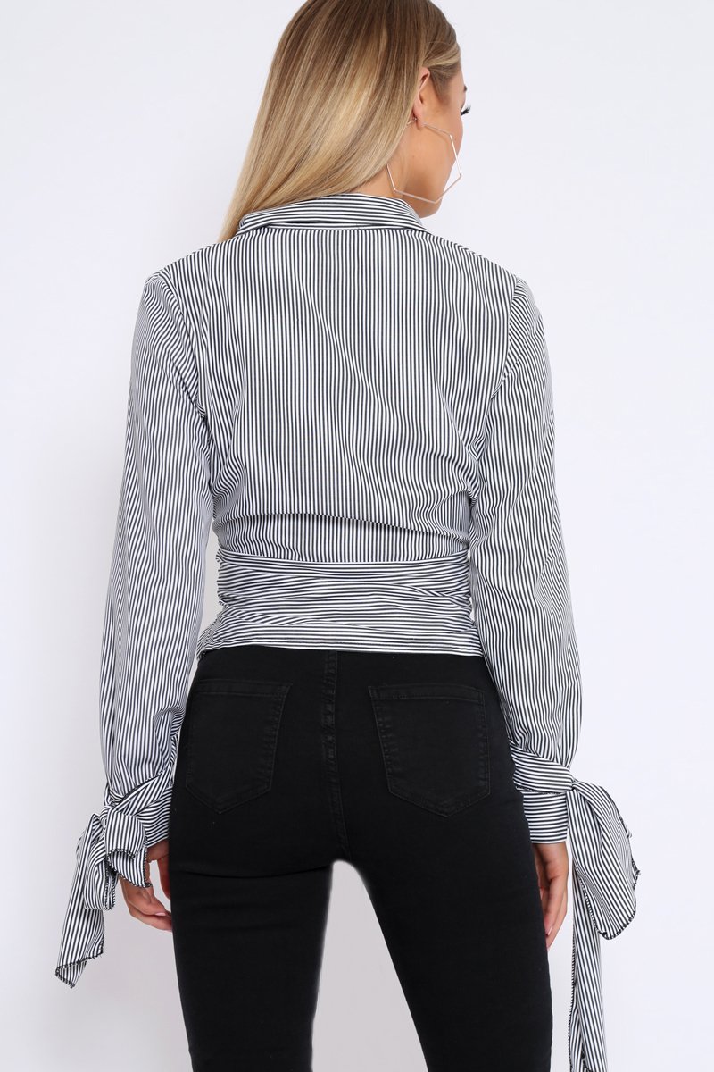 Black and White Stripe Tie Shirt - Jenica-Tops