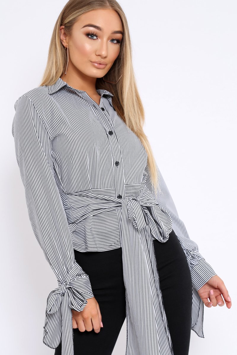 Black and White Stripe Tie Shirt - Jenica-Tops