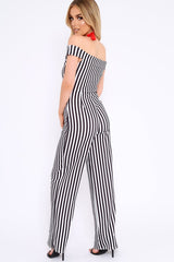 Black and White Stripe V Neck Bardot Jumpsuit - Mallorie-Jumpsuits