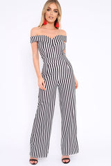 Black and White Stripe V Neck Bardot Jumpsuit - Mallorie-Jumpsuits