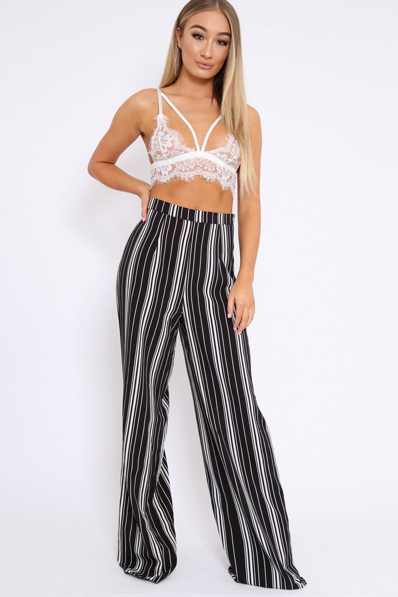 Black and White Stripe Wide Leg Trousers - Krisha-Trousers
