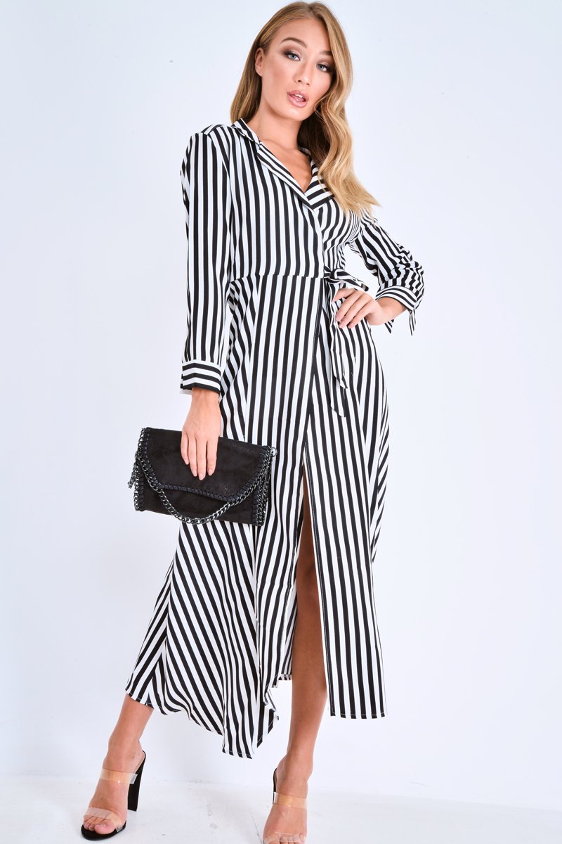 Black and White Stripe Wrap Maxi Dress - Adisyn-Dresses