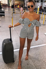 Black and White Striped Bardot Playsuit - Gracy-Playsuits