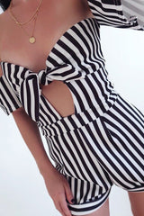 Black and White Striped Bardot Playsuit - Gracy-Playsuits