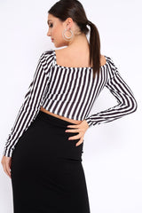 Black and White Striped Bardot Ruched Tie Top - Dakota-Tops