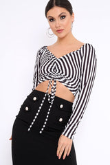 Black and White Striped Bardot Ruched Tie Top - Dakota-Tops