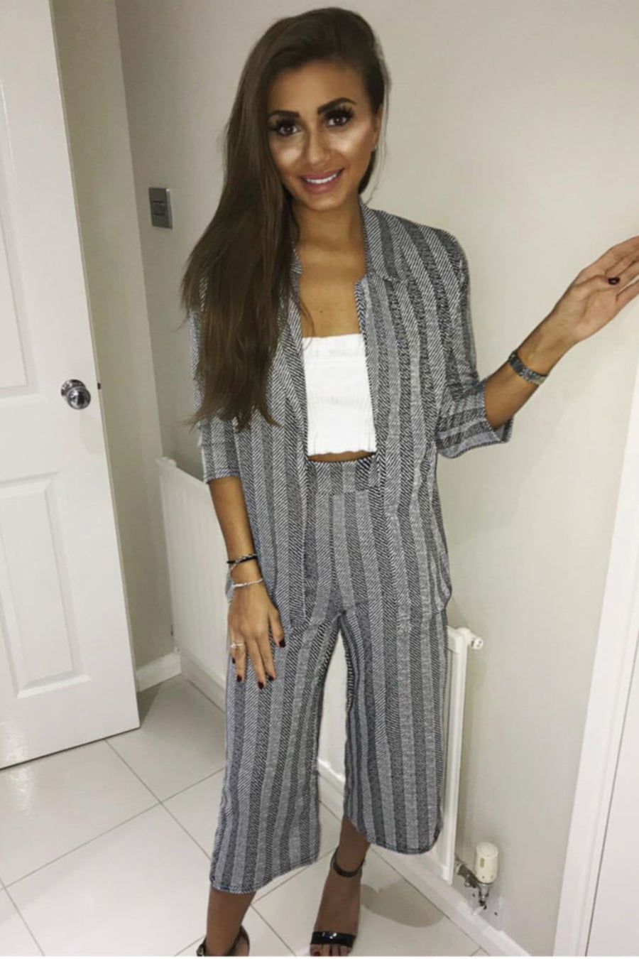 Black and White Striped Blazer - Ivonna-Jackets