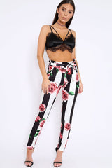 Black and White Striped Floral Tapered Trousers - Ledora-Trousers