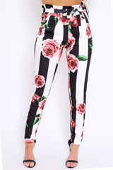 Black and White Striped Floral Tapered Trousers - Ledora-Trousers