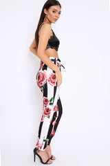 Black and White Striped Floral Tapered Trousers - Ledora-Trousers