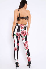 Black and White Striped Floral Tapered Trousers - Ledora-Trousers