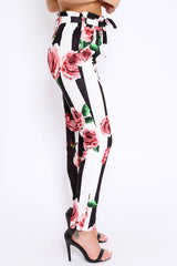 Black and White Striped Floral Tapered Trousers - Ledora-Trousers