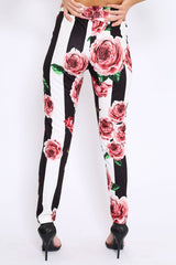 Black and White Striped Floral Tapered Trousers - Ledora-Trousers