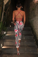 Black and White Striped Floral Tapered Trousers - Ledora-Trousers
