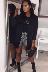 Black and White Striped Matte PU Paper Bag Shorts - Genia-Shorts