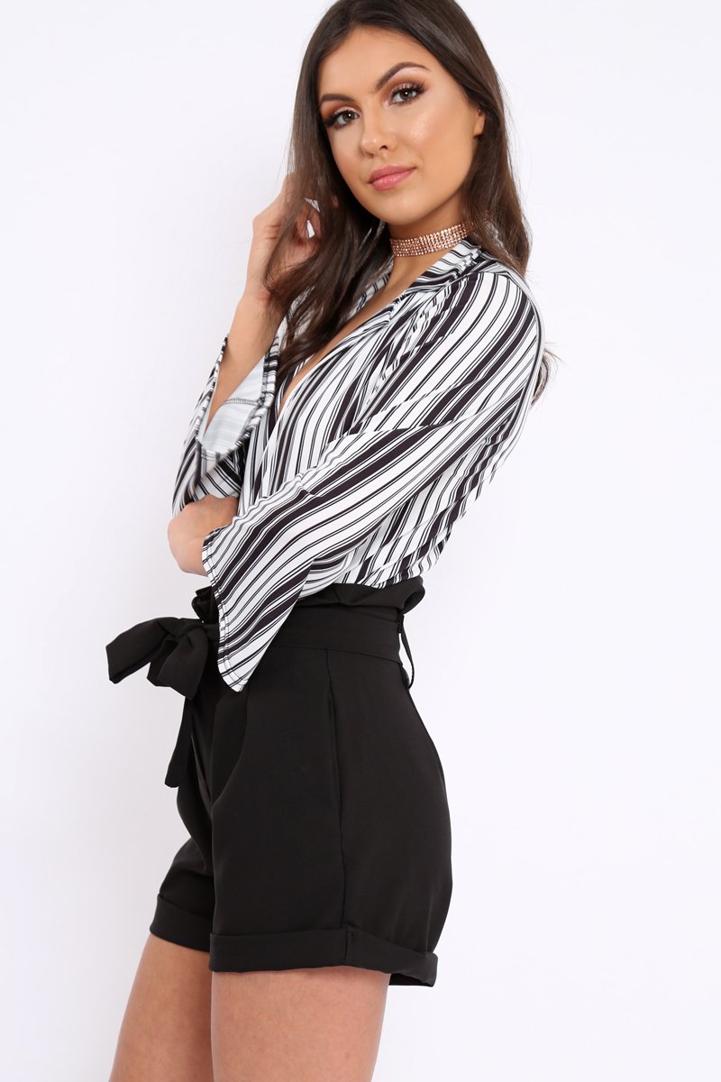 Black and White Striped Plunge Front Bodysuit - Dyanna-Bodysuits