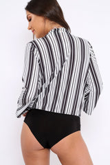 Black and White Striped Plunge Front Bodysuit - Dyanna-Bodysuits