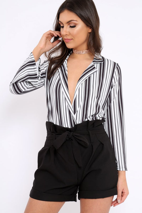 Black and White Striped Plunge Front Bodysuit - Dyanna