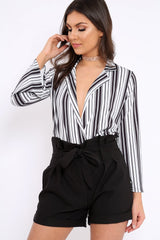 Black and White Striped Plunge Front Bodysuit - Dyanna-Bodysuits