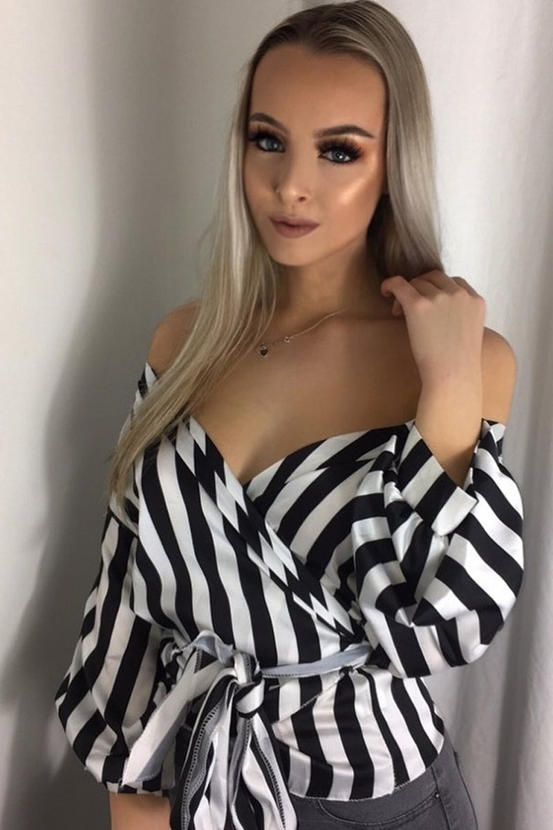 Black and White Striped Plunge Top with Ruched Sleeves - Semaya-Tops