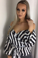 Black and White Striped Plunge Top with Ruched Sleeves - Semaya-Tops