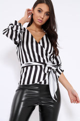 Black and White Striped Plunge Top with Ruched Sleeves - Semaya-Tops